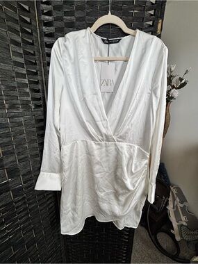 Zara White Satin Draped V-Neck Dress